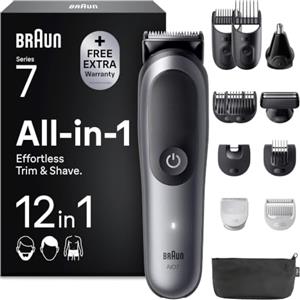 Braun Rasoio Elettrico Barba e Capelli Serie 7, Accessori AIO7545 Grigio | Rifinitore All-in-One 12in1, Lama Problade, Rasoio Elettrico Corpo Uomo, Peli Naso, Custodia, Impermeabile Ricaricabile
