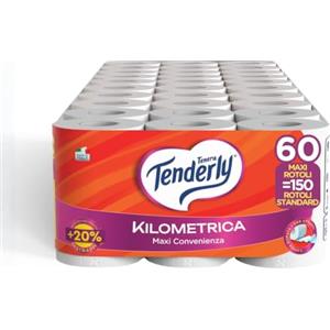 Tenderly Kilometrica, 60 Rotoli di Carta Igienica (15 conf. da 4 rotoli), 2 Veli, 500 Strappi per Rotolo, Dermatologicamente Testato, Made in Italy