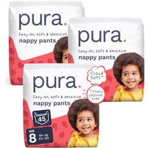 Pura Pannolini Mutandina Taglia 8 (19 kg+) 45 Pezzi | Vestibilità Elasticizzata 360°, Facili da Indossare, Cloud Soft™, Senza Cloro*