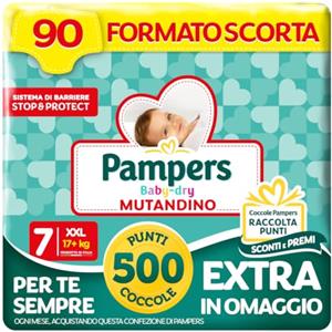 Pampers Baby Dry Mutandino XXL, Taglia 7 (17+ kg), 90 Pannolini Bambino | Formato Scorta, Barriera Stop&Protect, Anti-Fuoriuscite, Fascia Elastica, Asciutto 12h, Cambio Facile, 500 Punti Omaggio