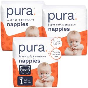 Pura Pannolini Taglia 1 (2-5 kg) 75 pezzi per neonati | Indicatore di bagnato, Cloud Soft™, senza cloro*, certificati Allergy UK