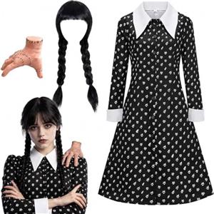 Sunshine smile Costume da Mercoledì per bambina, per Halloween, carnevale | Vestito da donna con colletto, outfit per Halloween, carnevale, ragazza, abito midi nero, set Addams con parrucca e mani
