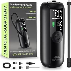 Woowind Compressore Aria Portatile Auto, Moto e Bici, Auto Stop, 10,3 BAR | Pompa Per Bicicletta Elettrica, Gonfiaggio In 1 Minuto, Schermo LCD, Luce LED