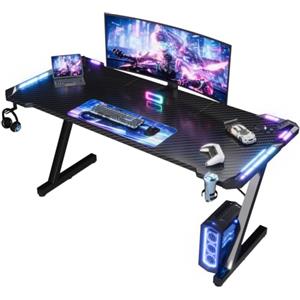 Devoko 140 x 60cm Scrivania Gaming LED, Tavolo Gaming Ergonomica, Scrivania per Computer con Porta Bicchiere e Ganci per Cuffie, Postazione con Piano del Tavolo in Fibra di Carbonio, Nero