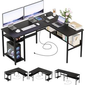 Homieasy Scrivania Angolare 128cm con Prese e USB, Nero | Design Reversibile, Supporto CPU e Ripiano, Salvaspazio per Casa e Ufficio, Metallo e MDF