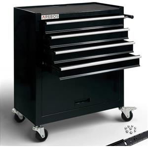 AREBOS Carrello Porta Attrezzi Officina | 4 scomparti | vuoto | nero | Carrello porta utensili da officina vuoto | 4 scomparti + grande vano | tappetini antiscivolo | 2 ruote con freno | nero