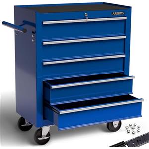 AREBOS Carrello Officina 5 Cassetti | Cassettiera Metallo Porta Attrezzi | Carrello da officina in metallo con 5 cassetti | cassettiera porta attrezzi per meccanico | robusto e su ruote