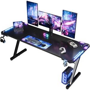 Devoko 160 x 60cm Scrivania Gaming LED, Tavolo Gaming Ergonomica, Scrivania per Computer con Porta Bicchiere e Ganci per Cuffie, Postazione con Piano del Tavolo in Fibra di Carbonio, Nero