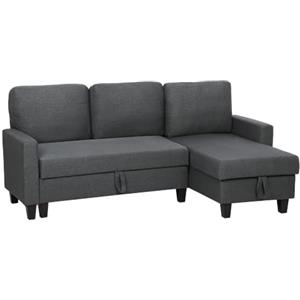 HOMCOM Divano Letto 3 Posti con Chaise Longue Convertibile Grigio Scuro | Divano Angolare con Vano Portaoggetti, Cuscini Sfoderabili in Tessuto Effetto Lino, 197x129x85 cm