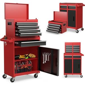 SOARS Carrello Porta Attrezzi con Ruote, 5 Scomparti, 2 Ripiani, Porta Attrezzi da Lavoro Rimovibile & Carrello Inferiore, Bloccabile, 59 X 28 X 102 CM, per Garage, Officina, Casa (Rosso+Nero)