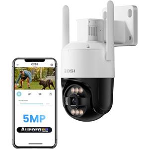 ZOSI AuroraLux 5MP Telecamera di Sorveglianza WiFi Senza Fili, Telecamera PT Vista a 360°, Rilevamento di Persona e Veicolo, Allarme Intelligente e Audio Bidirezionale, C296