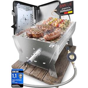 ovicue Grill grande L | Barbecue a gas portatile - Griglia portatile in acciaio inox con sistema a incastro - Funzionamento a gas e carbone - Con borsa per il trasporto - Perfetto per campeggio,
