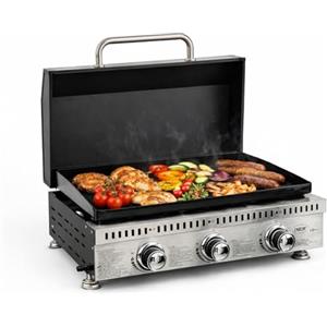 SOLEILUX Barbecue Plancha a Gas Con Coperchio Portatile a 3 Bruciatori da 9 KW in Acciaio Inox, Griglia BBQ a Gas Propano da Tavolo con Vaschetta Raccogli Grasso, Regolatore, per Giardino Balcone Campeggio Pic
