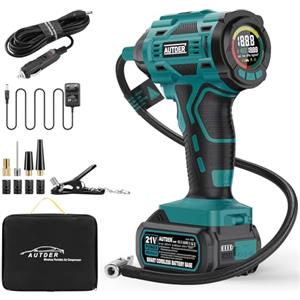 AUTDER Compressore d'Aria Portatile Gonfiatore Senza Fili, Blu-Nero | 180 PSI, Due Fonti di Alimentazione, Batteria 21V / 12V DC, Manometro Digitale, Spegnimento Automatico