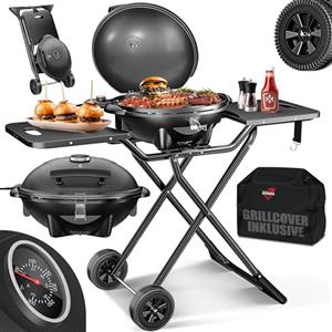 KESSER® Barbecue elettrico 2 in 1 da tavolo e grill con coperchio e piedistallo, 2400 Watt, termostato, rivestimento antiaderente, tavoli + copertura, barbecue da balcone per interni ed esterni