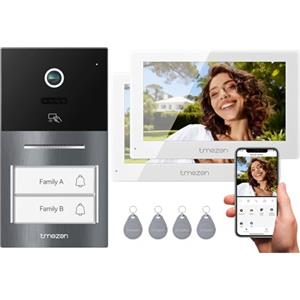 TMEZON Videocitofono Smart 2 Fili Video Citofoni Y70,Due monitor e Campanello Esterno con Telecamera,APP/Carta RFID Unlock,Rilevare Movimento Umano Intelligente,Bifamiliare