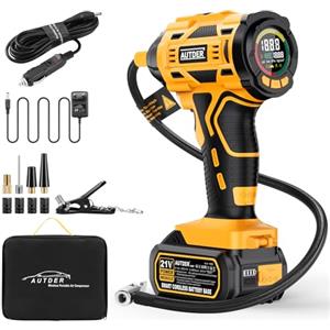 AUTDER Gonfiatore Pneumatici Portatile, Giallo | 180 PSI, Compressore Aria Senza Fili, Batteria Rimovibile 21V, Cavo Auto 12V, Spegnimento Automatico, Display LCD, Luce LED