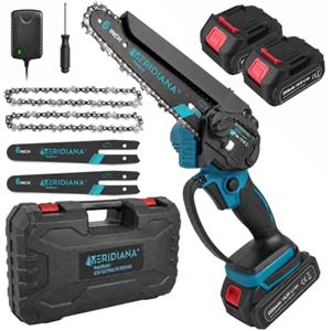 Meridiana Mini Motosega a Batteria senza fili 6 Pollici 21V | Motosega Elettrica Motore con Oliatore Integrato, 2 Batterie, 2 Barre, 2 Catene e Cacciavite in Valigetta Rigida