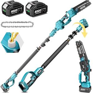 SEESII 2-in-1 8 Pollici Motosega Telescopica & Mini Motosega da 2x4000mAh | Motosega Senza Spazzole da 8 Pollici con Asta Telescopica, Estendibile fino a 15 Piedi Ideale per Potatura Alberi
