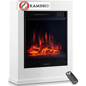 KAMINIO® Camino elettrico da appoggio con riscaldamento [Bianco, Kalle] | Caminetto elettrico da terra decorativo, termocamino con effetto fuoco LED a 5 livelli di intensità, mensola e telecomando