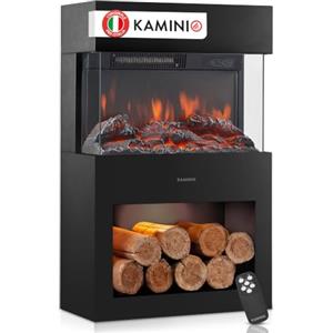 KAMINIO® Henri Camino elettrico da appoggio Nero [stufa da interno] | Caminetto elettrico a forma di stufa, termocamino con effetto fuoco LED, vano illuminato, timer, termostato e telecomando