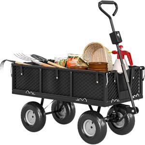 Outsunny Carrello da Giardino da 114L 4 Ruote Grandi 105x51x54 cm Nero | Capacità 200 kg, Carrello Spiaggia in Acciaio, Sacca Portaoggetti, Pareti Laterali Rimovibile, Maniglia Girevole