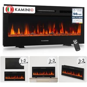 KAMINIO® Marlon PRO 42 Camino elettrico da incasso, parete o appoggio | 3 in 1 caminetto elettrico decorativo, termocamino con effetto fuoco LED in 12 colori, timer, termostato e telecomando, nero