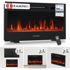 KAMINIO® Marlon PRO 30 Camino elettrico da incasso, parete o appoggio | 3 in 1 caminetto elettrico decorativo, termocamino con effetto fuoco LED in 12 colori, timer, termostato e telecomando, nero
