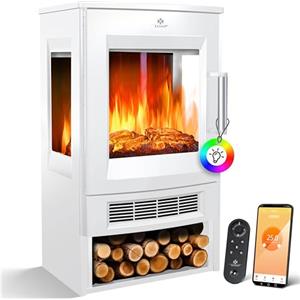 KESSER® Caminetto Elettrico con Riscaldamento, Finestra Panorama, Termoventilatore, 9 Effetti Fiamma LED, Modalità di Colore, Telecomando, App WiFi, 900/1800W, Focolare Elettrico con Termostato