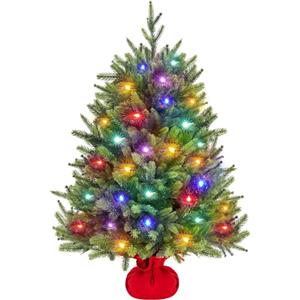Yaheetech Mini Albero di Natale Artificiale con 50 Luci Piccolo da Tavolo con Base Portatile in Miniatura Realistico Ornamenti per Casa Ufficio Interno (Verde con Luci, 91 cm)