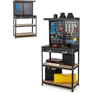 SOARS Banco da Lavoro, Organizer per Attrezzi in Metallo con 2 Pannelli Perforati con Kit di 14 Ganci, Cassetti e 2 Ripiani, Banchi da lavoro per Officina, Garage (Nero+Blu, 81 X 41 X 156 CM)
