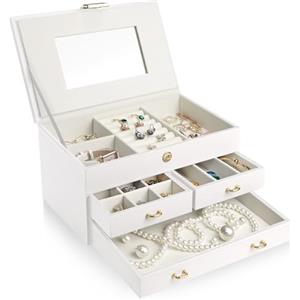ADEL DREAM Portagioie a 3 Livelli con Fibbia in Oro Rosa Custodia per Gioielli in Pelle PU Regalo in Morbido Velluto per I tuoi Cari e Amici Bianco