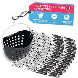 culiclean - Mollette da bucato premium, diversi modelli, Plastica, bianco e nero con cestino bianco e manico nero., 40 Stück+ 1 Korb