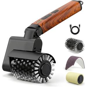 QBBQAAQTT Set di spazzola per barbecue elettrica 3 in 1 (rivestimento in legno rosso) | Senza fili, ricaricabile, impermeabile, accessorio professionale per barbecue