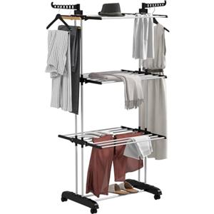 HOMCOM Stendino a Torre Pieghevole a 4 Livelli 4 Ruote 73x64x177 cm Nero | Stendibiancheria Salvaspazio, Ali Laterali Girevoli, in Acciaio e PP