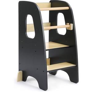 Growaystory Torre Montessoriana, Learning Tower Sicura con Altezze Regolabili, Torre di apprendimento con Doppia Barra di Protezione, Antiscivolo & Sistema Anti-Ribaltamento(Nero)