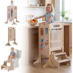 COSTWAY Torre Montessoriana Bambini, Torre di Apprendimento Pieghevole 3 in 1 con Altezza Regolabile, Lavagna Rimovibile e Pannello Educativo per Bambini 3+ Anni, 83,5 x 73 x 93 cm
