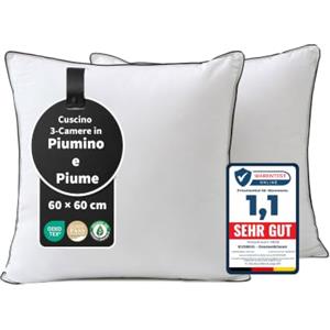 KUSNUG Cuscino in Piumino e Piume d'Oca Ergonomico a 3 Camere-60x60cm 2 pz | 100% Cotone Biologico | Cuscino per Hotel | per letto matrimoniale | Alta Qualità