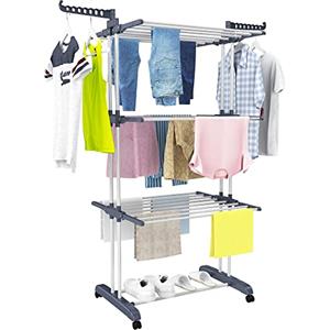HOMIDEC Stendino, 4 Livelli Stendibiancheria Verticale Allungabile con Ruote | Acciaio Inossidabile Stendino da Balcone Esterno, Stendipanni per Interno, Grigio