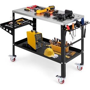 COSTWAY Tavolo da Lavoro, Banco da Lavoro con Supporto per Attrezzi e Vassoio, Fori per Fissaggio, 8 Slot per Attrezzi e Portabocchette per Saldatura, con Ruote, Capacità di Carico 540 KG (Modello 1)