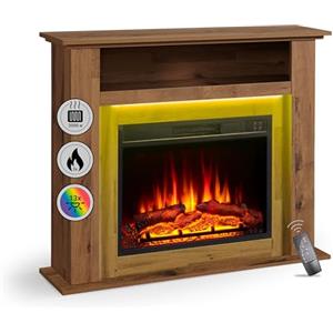 BALDERIA Camino elettrico BALDERIA Liora - Caminetto elettrico con vano portaoggetti, effetto fiamma 3D, illuminazione d'ambiente a LED, riscaldamento 2000W, timer, termostato, telecomando - rovere scuro