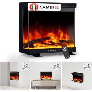 KAMINIO® Lea PRO 24 Camino elettrico da incasso, parete o appoggio | 3 in 1 caminetto elettrico decorativo, vista panoramica, termocamino con effetto fuoco LED in 12 colori e telecomando, nero
