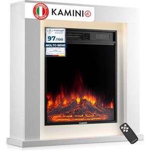 KAMINIO® Matti MODERN 32 Bianco Camino elettrico da appoggio | Caminetto elettrico da terra decorativo, termocamino con effetto fuoco 3D, LED d'ambiente, timer, termostato e telecomando