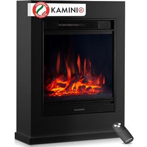 KAMINIO® Camino elettrico da appoggio con riscaldamento [Nero, Kalle] | Caminetto elettrico da terra decorativo, termocamino con effetto fuoco LED a 5 livelli di intensità, mensola e telecomando