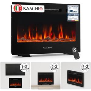 KAMINIO® Marlon PRO 24 Camino elettrico da incasso, parete o appoggio | 3 in 1 caminetto elettrico decorativo, termocamino con effetto fuoco LED in 12 colori, timer, termostato e telecomando, nero