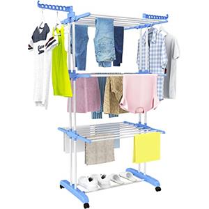 HOMIDEC Stendino, 4 Livelli Stendibiancheria Verticale Allungabile con Ruote, Blu | Acciaio Inossidabile Stendino da Balcone Esterno, Stendipanni per Interno