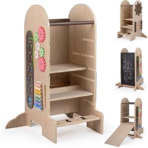 COSTWAY 5 in 1 Torre Montessoriana in Legno con Lavagna e Scivolo | Torre di Apprendimento Regolabile in Altezza con Sgabello e Giochi, Scala Sicura per Cucina e Bagno per Bambini 3+ Anni