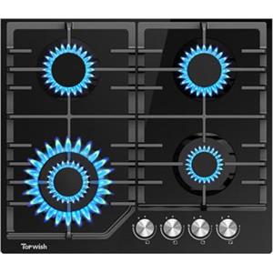 Topwish Piano cottura gas 4 fuochi, Piano cottura a gas 60cm, 8000W | con incorporato con supporti in ghisa, NG/LPG convertibile, protezione flame-out, accensione elettronica