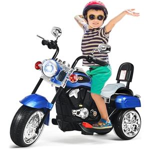 SOARS Moto Elettrica per Bambini 6V a 3 Ruote (Blu) | Motorino Triciclo con Luci LED e Suoni, con Acceleratore a Pedale e Specchietto, 3 km/h, Carico 30 kg, 3+ Anni