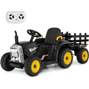 RELAX4LIFE Trattore Macchina Elettrica per Bambini 12V a 3 Marce con Rimorchio Staccabile e Telecomando 2,4G, Luci LED, Musica, Clacson e Funzione USB, per Bambini 3-8 Anni